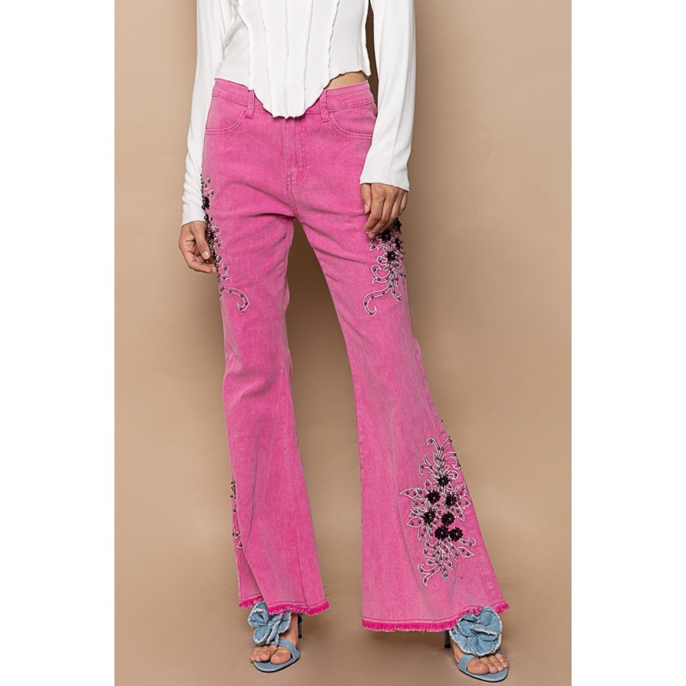 POL Pink Embroidered Western Flare Jeans | Beaded Studded Stretch Denim - Picture 7 of 7